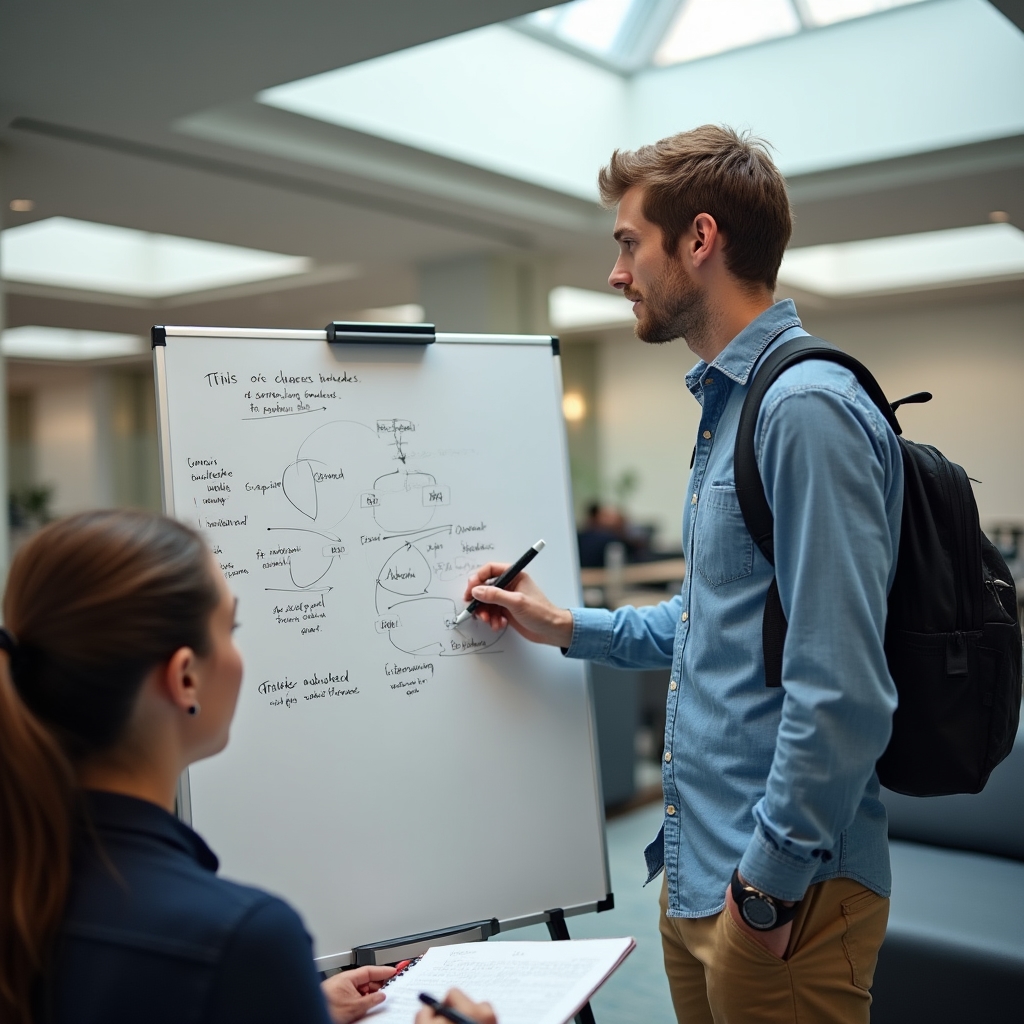 Študent vysvetľuje látku na tabuli Feynmanovou technikou